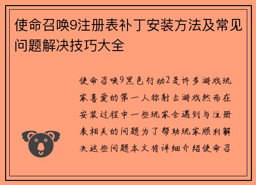 使命召唤9注册表补丁安装方法及常见问题解决技巧大全