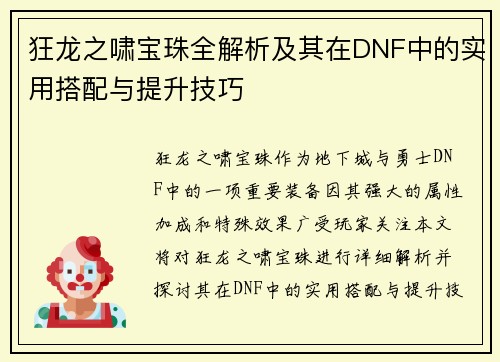 狂龙之啸宝珠全解析及其在DNF中的实用搭配与提升技巧